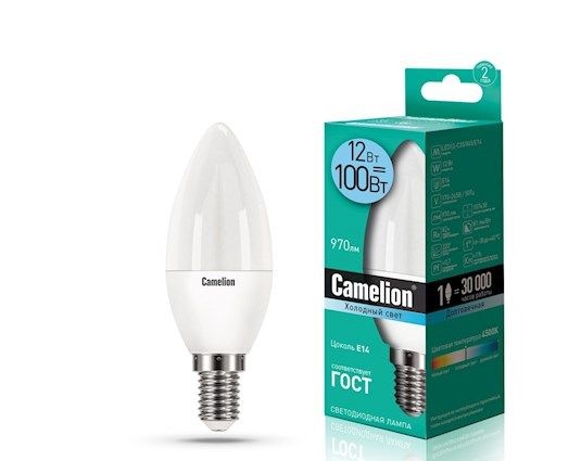 ლედ ნათურა Camelion Led Lamp LED12-C35/845/E14 ეკონომიური 12 ვატი ცივი ნათება E14 ცოკოლზე — ნათურა და ვაზნა